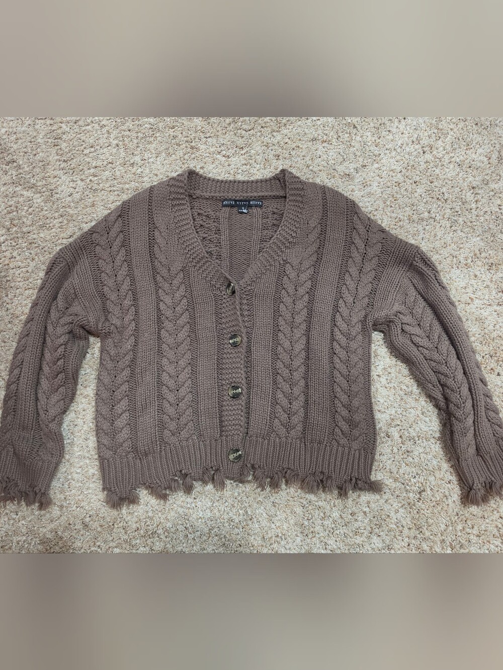 HYFVE Brown Mocha Chunky Cable Knit Cardigan w/ Distressed Fringe Hem Size Small